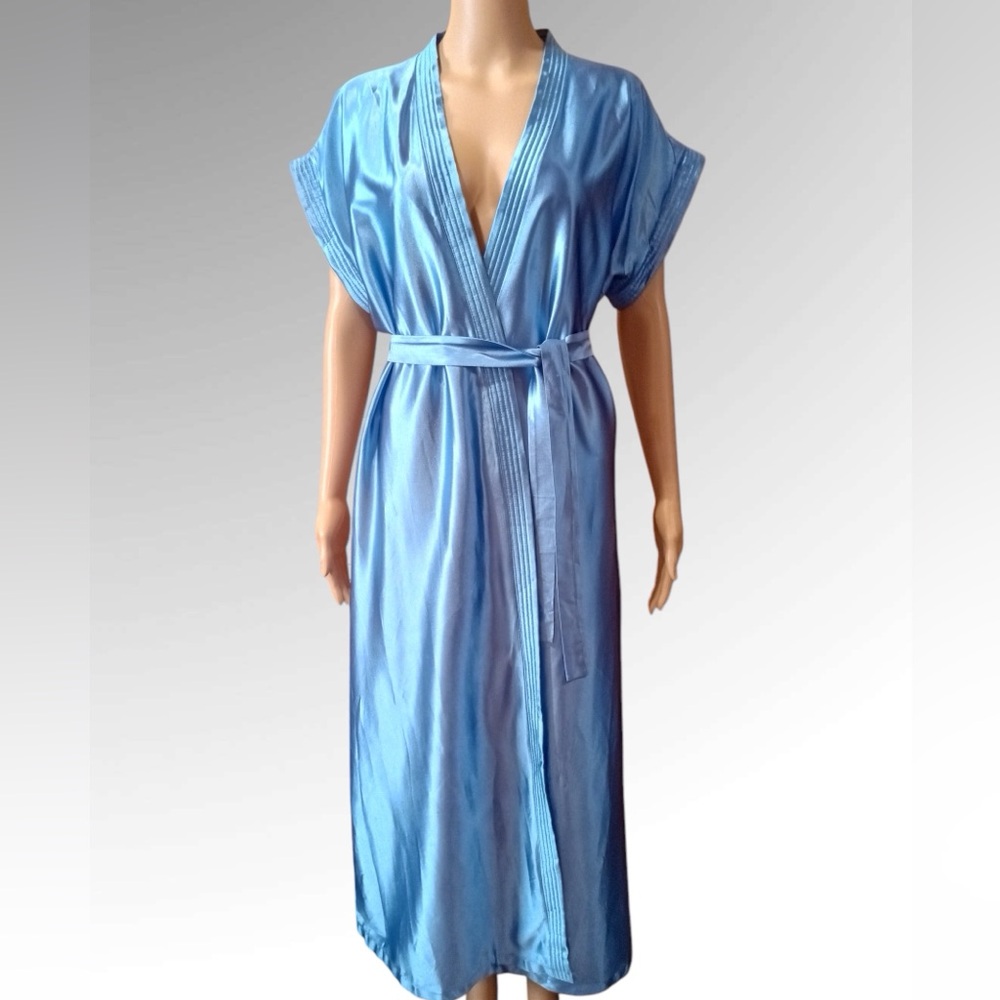 CLEARANCE Vintage Shiny Satin Long French Blue Peignoir Nightgown MINT COND L
